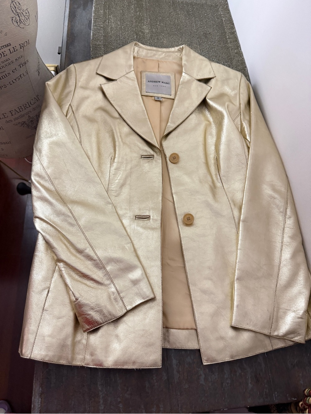 Andrew Marc Metallic Gold Women's Leather Blazer Jacket Size M